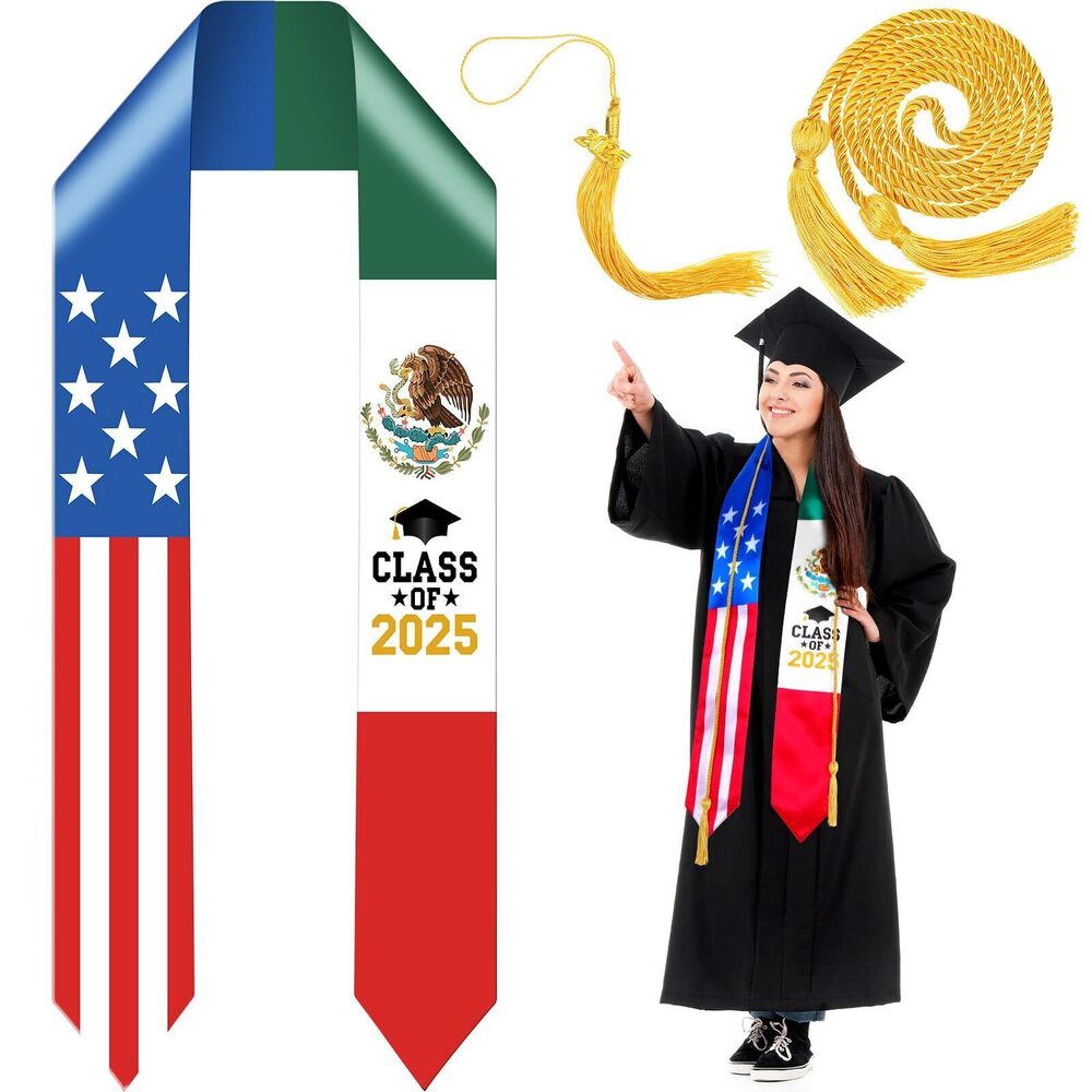 6574 Graduation Stole Class of 2025 Country and USA Flag Grad Sash with Cap